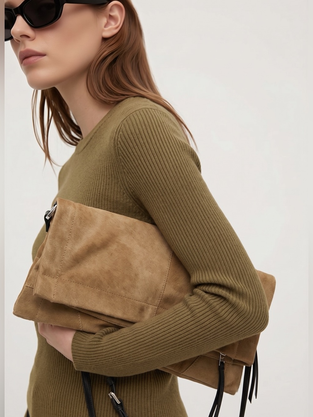 All Saints Tan Fold-Over half calf skin hair Clutch with Black Strap